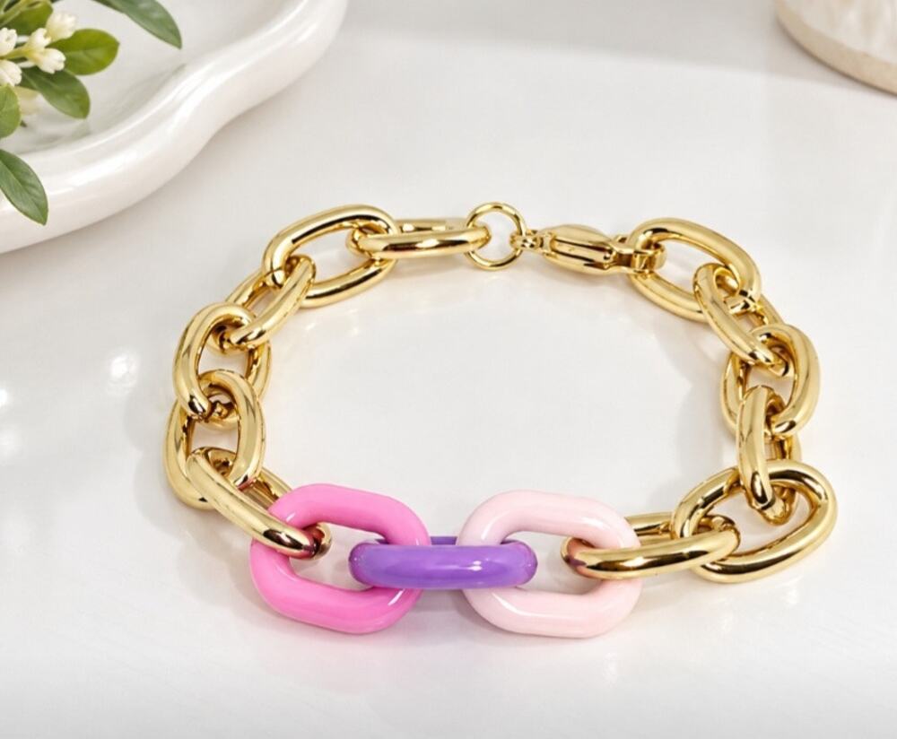 18K Gold Plated Stainless Steel Gold Colorful Link Bracelet New